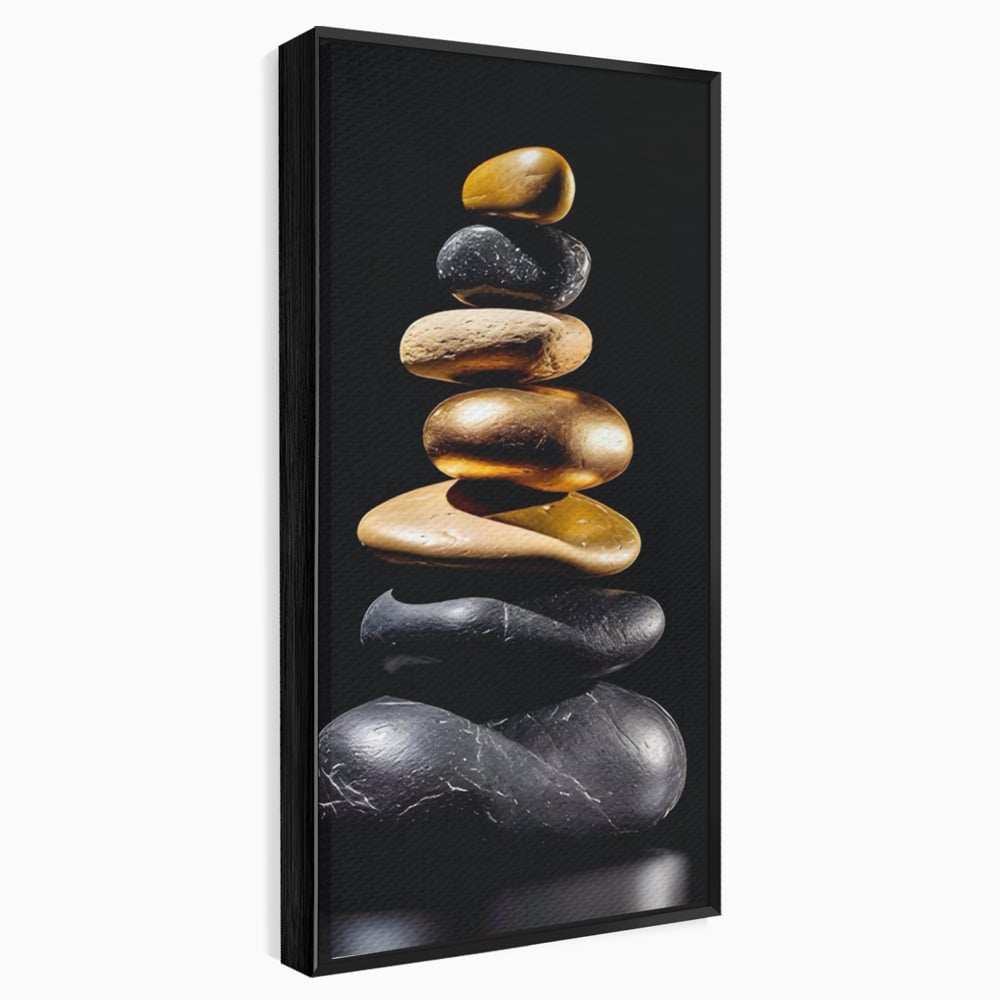 Tablou canvas cu turn vertical din pietre suprapuse, in rama de aluminiu negru